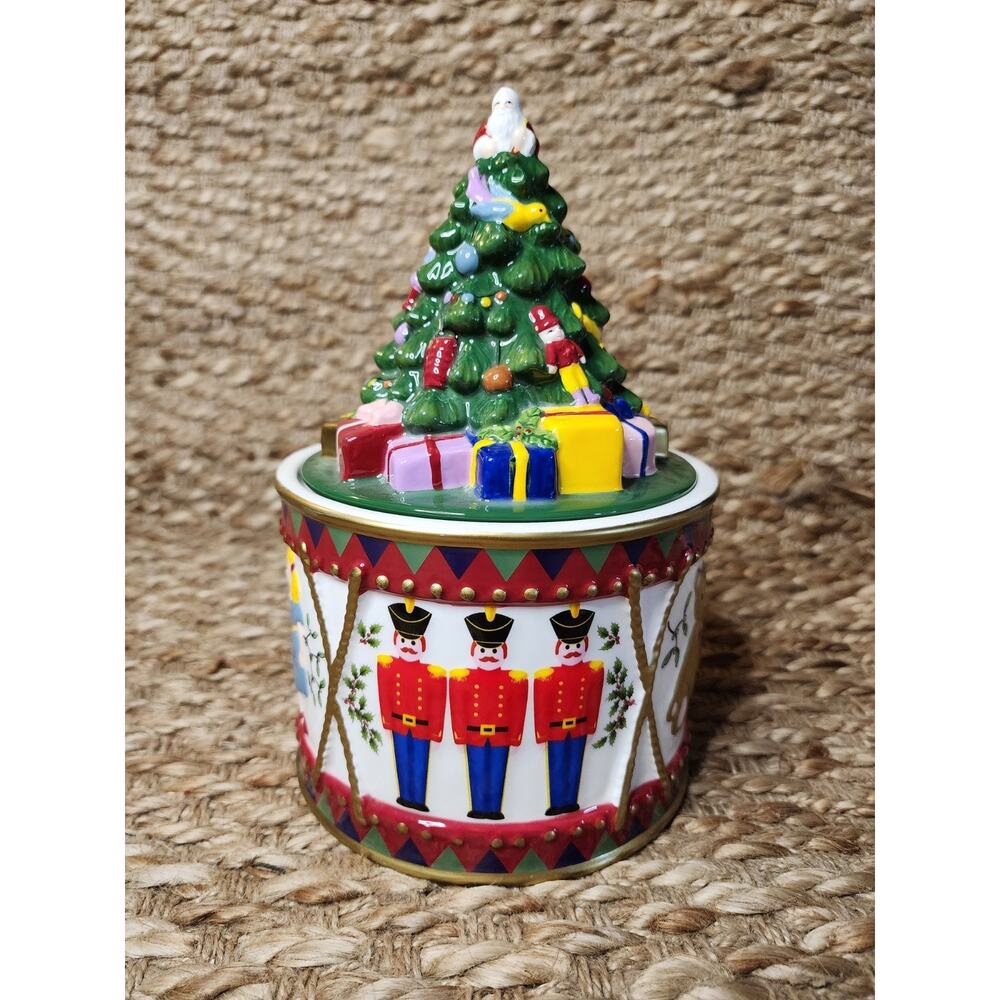 Vintage Spode Tree Annual Drum Candy Box Hand Painted Christmas Jar Canister